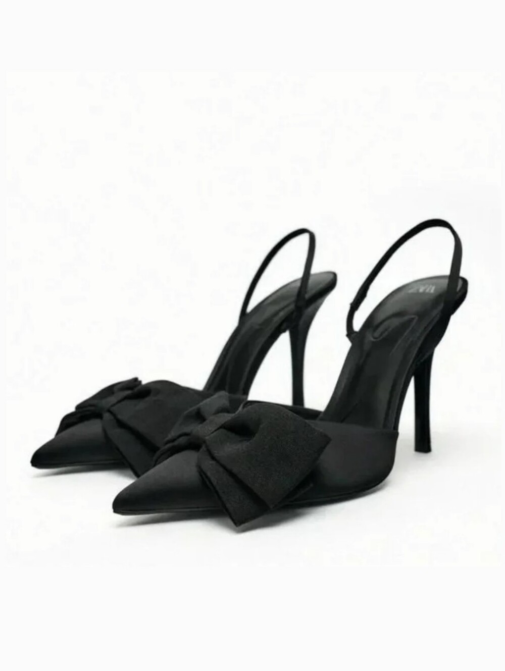 Zara Satin Bow Pointed Toe Slingback Heels Black Size 38
